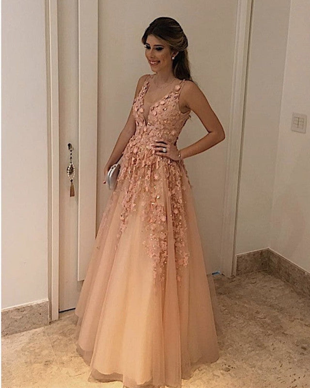 A Line Tulle Floor Length Formal Dress Appliques A Line Tulle Floor Length Formal Dress Appliques