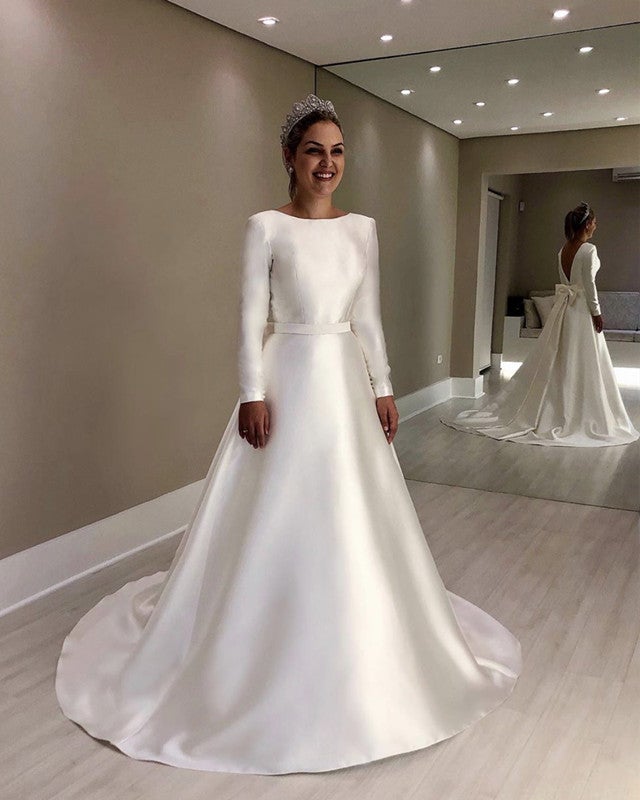 A Line Wedding Dress Satin Bow Back Long Sleeves alinanova A Line Wedding Dress Satin Bow Back Long Sleeves alinanova