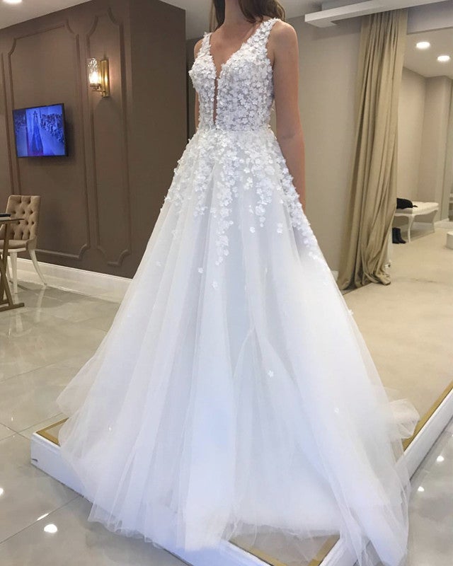 A Line Wedding Dresses Tulle V Neck With 3D Flowers A Line Wedding Dresses Tulle V Neck With 3D Flowers