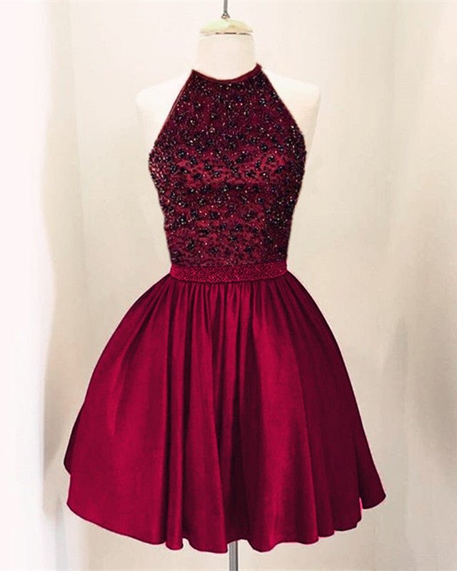 A-line Beaded Halter Keyhole Back Satin Homecoming Dresses Short A-line Beaded Halter Keyhole Back Satin Homecoming Dresses Short