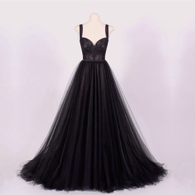 open lace back dress A-Line Black Tulle Sweetheart Prom Dresses Lace Appliques