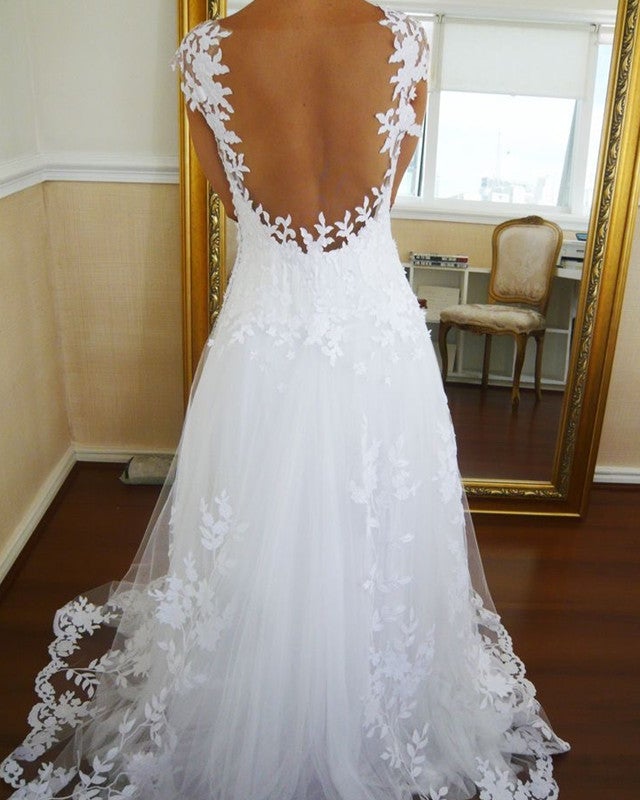 A-line Cap Sleeves Nude Back Tulle Wedding Dresses Lace Appliques A-line Cap Sleeves Nude Back Tulle Wedding Dresses Lace Appliques