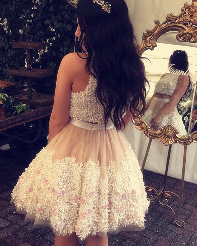 A-line Floral Lace Homecoming Dresses Two Piece Prom Dress Short A-line Floral Lace Homecoming Dresses Two Piece Prom Dress Short