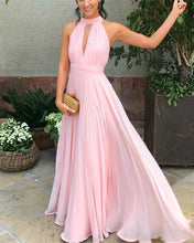 Load image into Gallery viewer, A-line Halter Neck Pleated Chiffon Floor Length Bridesmaid Dresses

