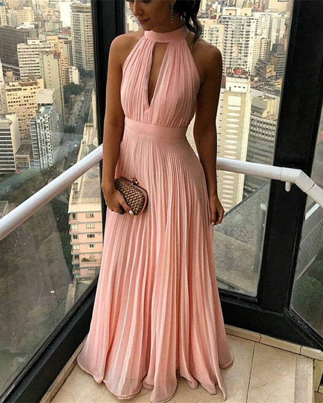 A-Line Halter Neck Pleated Chiffon Floor Length Bridesmaid Dresses A-Line Halter Neck Pleated Chiffon Floor Length Bridesmaid Dresses