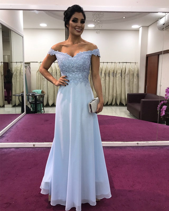A-Line Off Shoulder Chiffon Prom Dresses Lace Appliques A-Line Off Shoulder Chiffon Prom Dresses Lace Appliques