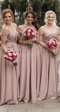 Load image into Gallery viewer, A-line Off Shoulder Lace Embroidery Bridesmaid Dresses Long