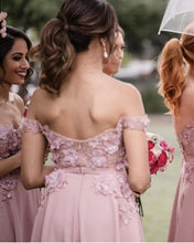 Load image into Gallery viewer, A-line Off Shoulder Lace Embroidery Bridesmaid Dresses Long