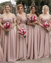 Load image into Gallery viewer, Pale-Pink-Bridesmaid-Dresses-Elegant-Off-Shoulder-Evening-Gowns