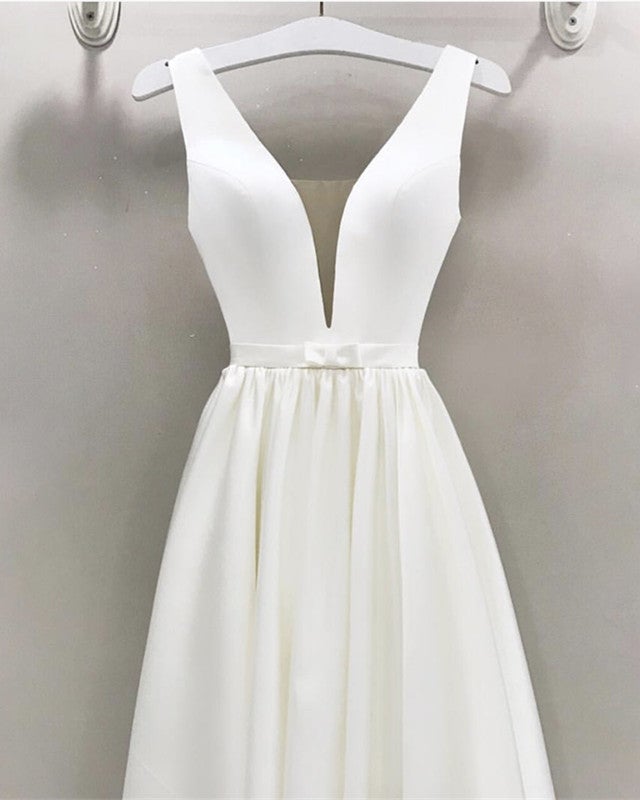 A-line Plunge Neck Floor Length Satin Wedding Dresses A-line Plunge Neck Floor Length Satin Wedding Dresses