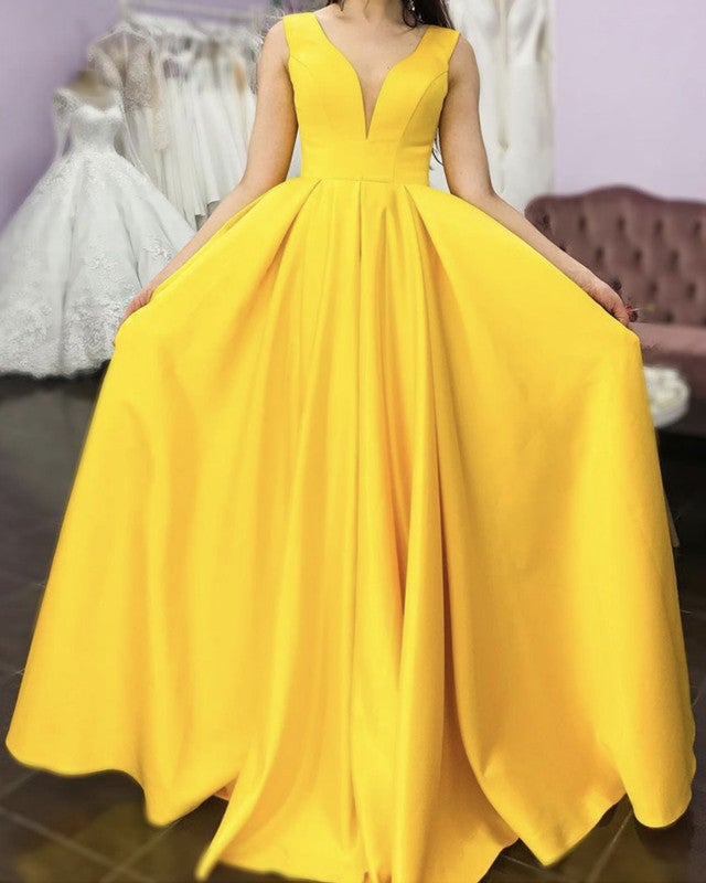 A-line Plunge Neck Prom Dresses Satin Floor Length A-line Plunge Neck Prom Dresses Satin Floor Length
