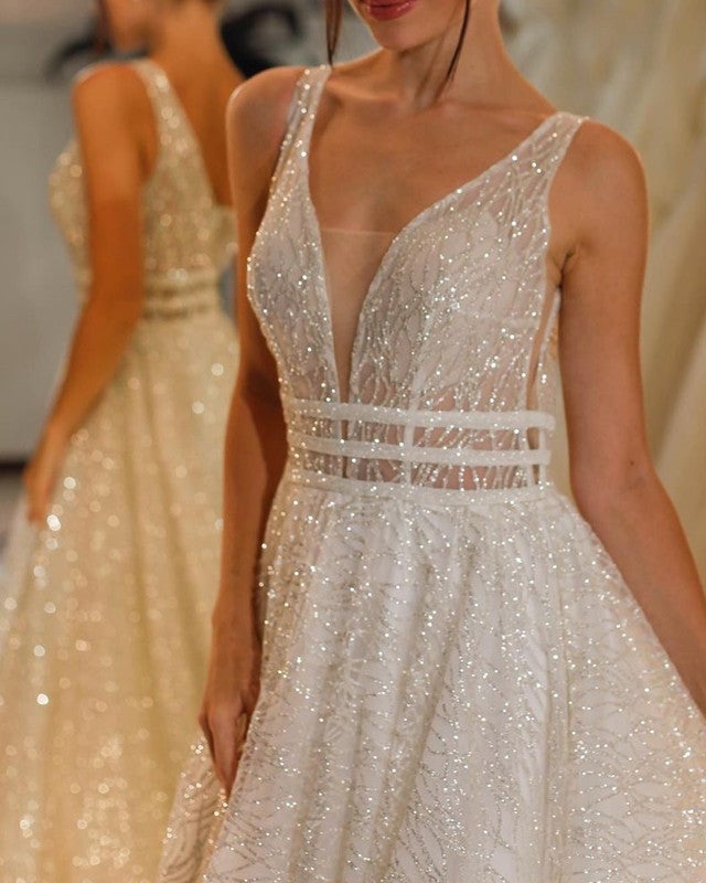 A-line Plunge Neck Wedding Dress Sequins alinanova A-line Plunge Neck Wedding Dress Sequins alinanova