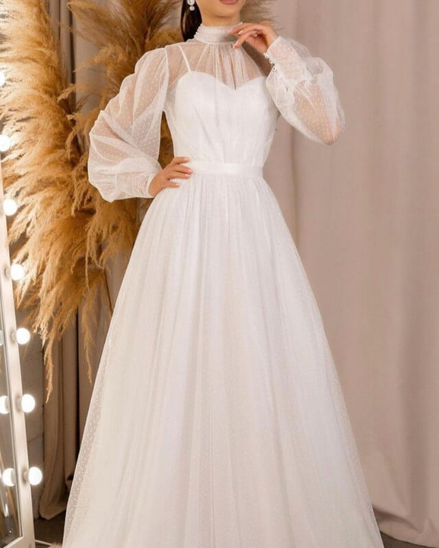 Flowy Tulle Long Sleeve Boho Wedding Dress