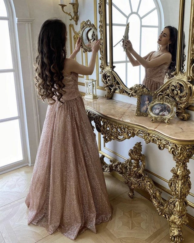 A-line/Princess Pleated V Neck Prom Dresses Glitter A-line/Princess Pleated V Neck Prom Dresses Glitter
