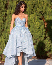 Load image into Gallery viewer, Amazing Gray Lace Sweetheart Lace Prom Dresses Front Short Long Back
