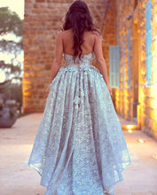 Load image into Gallery viewer, Amazing Gray Lace Sweetheart Lace Prom Dresses Front Short Long Back