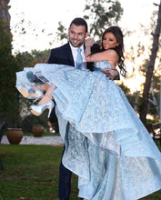 Load image into Gallery viewer, Amazing Gray Lace Sweetheart Lace Prom Dresses Front Short Long Back