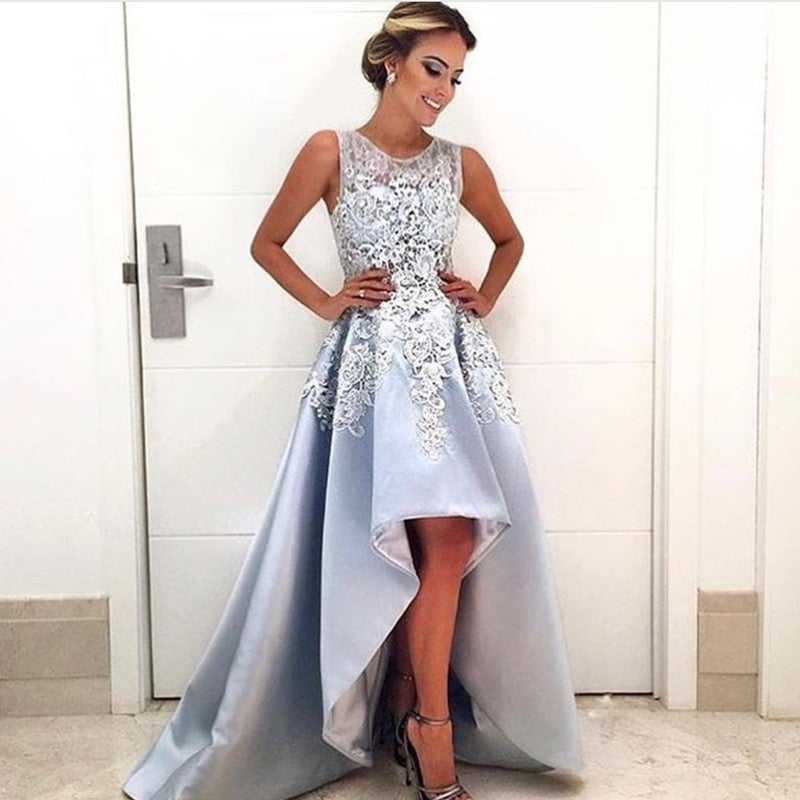Lace Cap Sleeves Satin High Low Prom Dresses For Homecoming Party alinanova Lace Cap Sleeves Satin High Low Prom Dresses For Homecoming Party alinanova