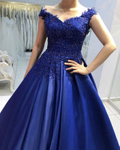 Load image into Gallery viewer, Appliques Prom Dresses Satin Ball Gown Off Shoulder