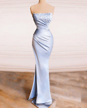 Load image into Gallery viewer, Strapless Split Appliques Sheath Satin Dress
