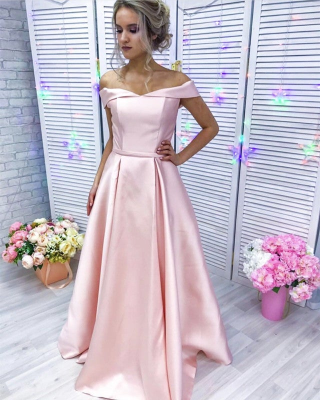Baby Pink Long Satin Off Shoulder Bridesmaid Dresses – alinanova