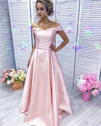 Baby Pink Long Satin Off Shoulder Bridesmaid Dresses-alinanova