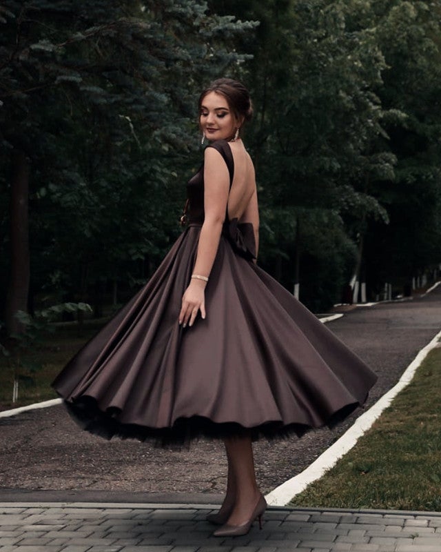 Ball Gown Bow Back Satin Party Dress Tea Length Ball Gown Bow Back Satin Party Dress Tea Length