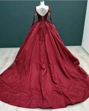Load image into Gallery viewer, Ball Gown Long Sleeves Lace Appliques Satin V Neck Dresses