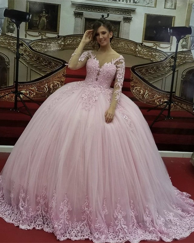 pink long sleeve quince dress Long Sleeve Pearl Pink Off The Shoulder Quinceanera Dress with Hand-made Flower, Pink / 4