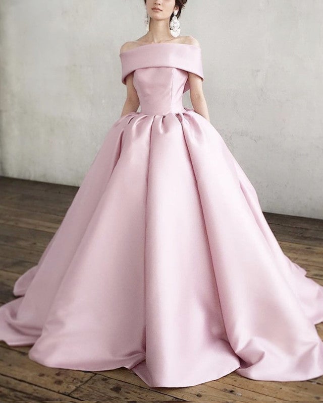 strapless open back dress Ball Gown Off The Shoulder Wedding Dress Satin with Pockets
