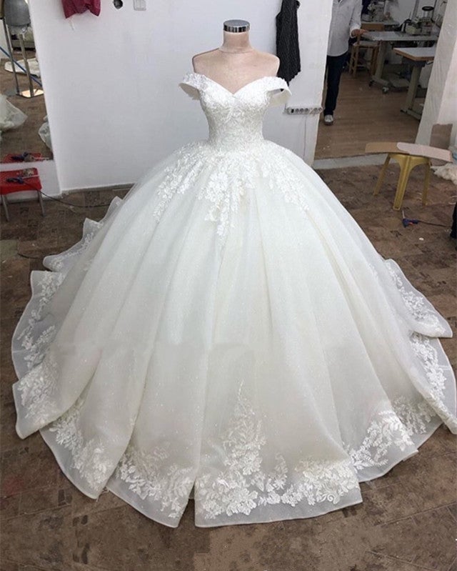 off the shoulder organza wedding dress Ball Gown Organza Wedding Dress Lace Appliques Off Shoulder
