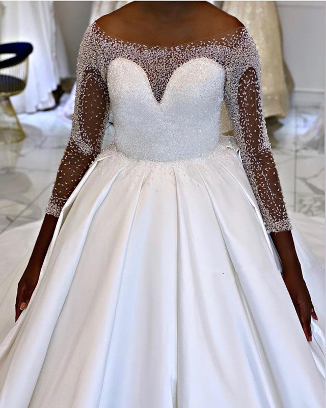 strapless open back dress Ball Gown Princess Wedding Dress Satin with Beaded Sleeves