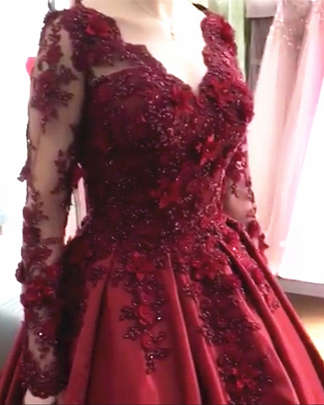Ball Gown Prom Dresses Long Sleeves Lace Flowers Beaded Ball Gown Prom Dresses Long Sleeves Lace Flowers Beaded