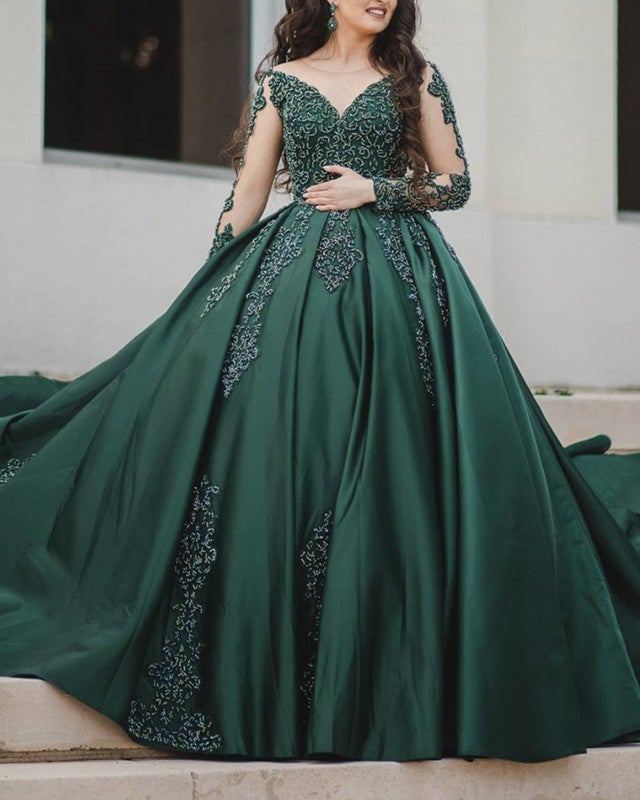 Ball Gown Satin Dresses Sheer Neckline Lace Beaded Long Sleeves alinanova Ball Gown Satin Dresses Sheer Neckline Lace Beaded Long Sleeves alinanova