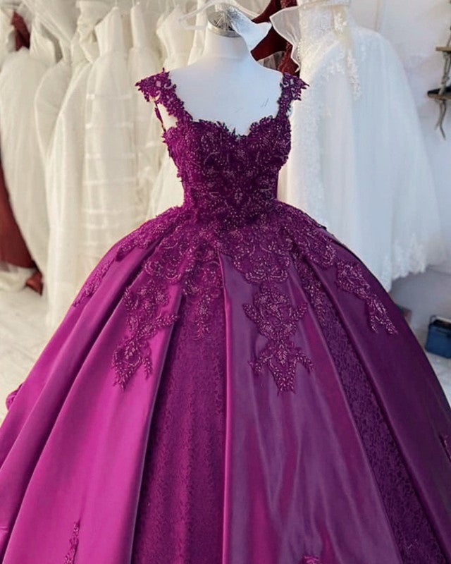 Ball Gown Satin Dresses Sweetheart Spaghetti Straps Lace Embroidery   alinanova