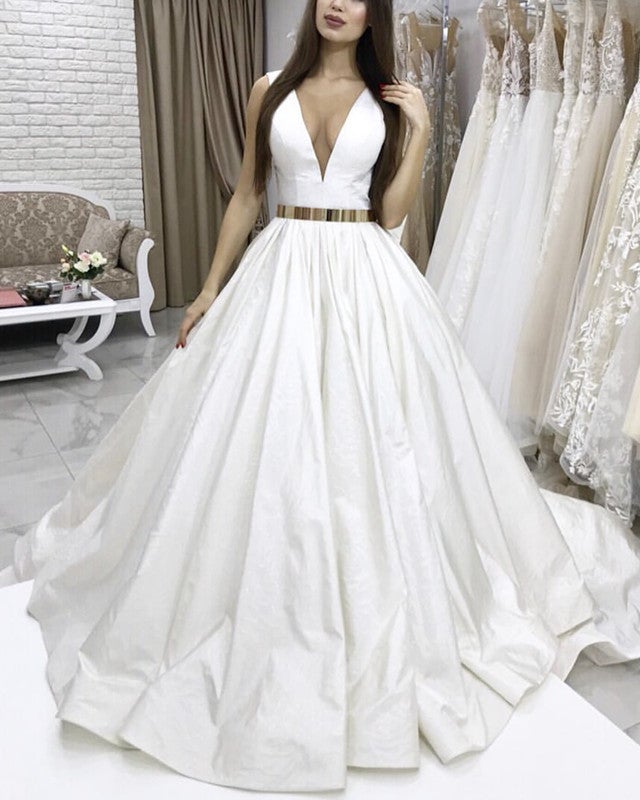 slim fit dress slacks Ball Gown Satin V Neck Wedding Dresses with Belt