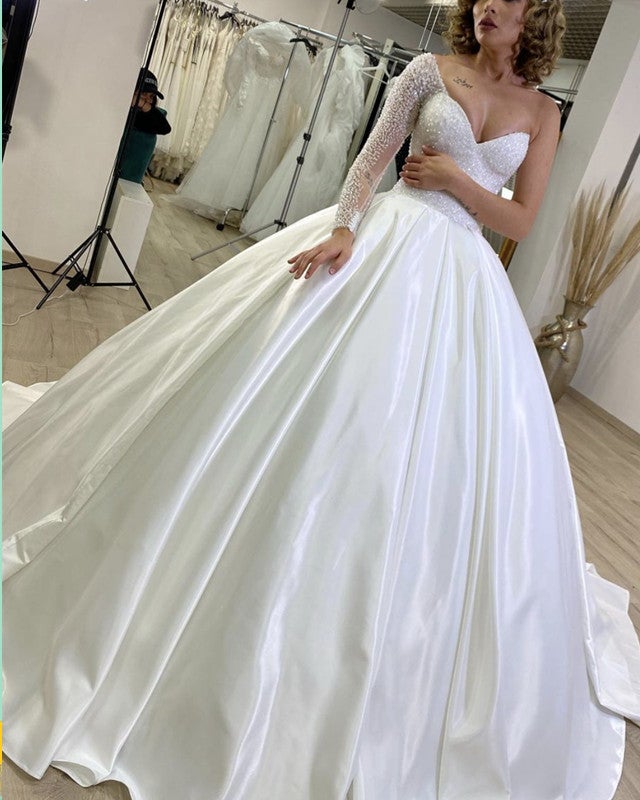 fitted lace wedding dress Ball Gown Satin Wedding Dress One Shoulder with Sparkles