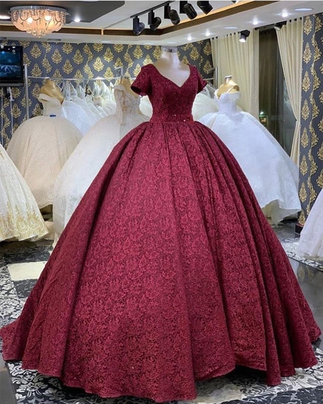 Ball Gown V Neck Lace Dress with Sleeves