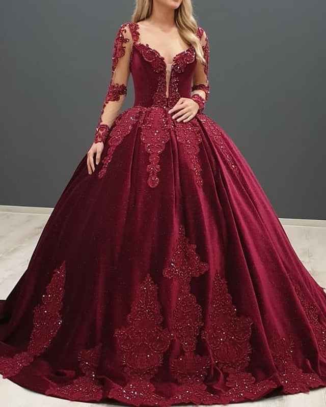 Ball Gown Velvet Dresses Long Sleeves Appliques Winter Velvet Wedding Dresses Long Sleeve Ball Gown – alinanova