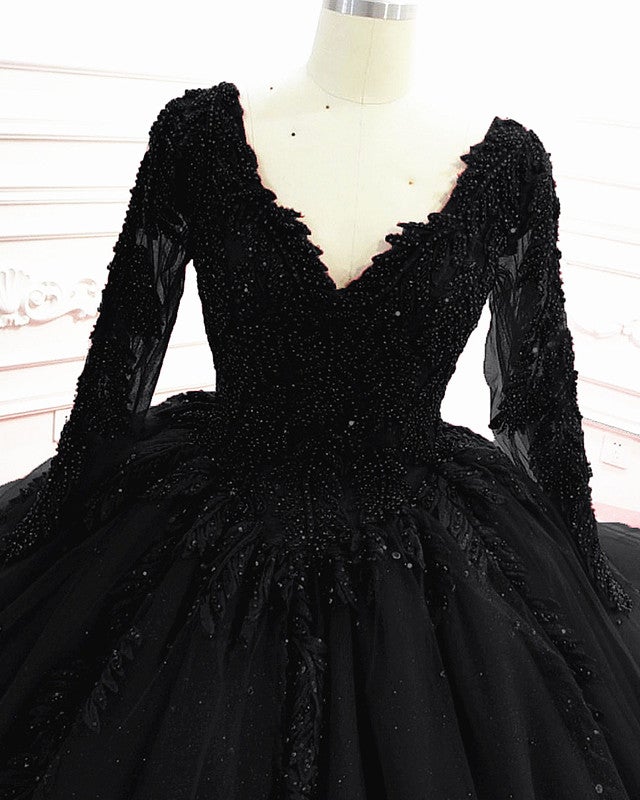 Ball Gown Wedding Dress Long Sleeves Lace Beaded V Neck Ball Gown Wedding Dress Long Sleeves Lace Beaded V Neck