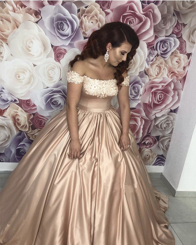 Ball Gowns Satin Wedding Dresses Champagne Lace Appliques Ball Gowns Satin Wedding Dresses Champagne Lace Appliques