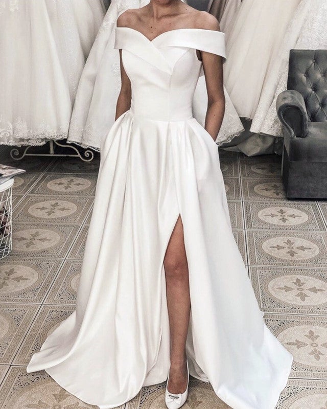 Beach Satin Wedding Dresses Split Off Shoulder With Pockets alinanova Beach Satin Wedding Dresses Split Off Shoulder With Pockets alinanova