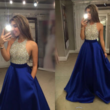 Load image into Gallery viewer, Beaded Halter Satin Ball Gown Prom Dresses With Pockets