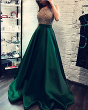 Load image into Gallery viewer, Beaded Halter Satin Ball Gown Prom Dresses With Pockets