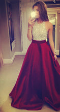 Load image into Gallery viewer, Beaded Halter Satin Ball Gown Prom Dresses With Pockets