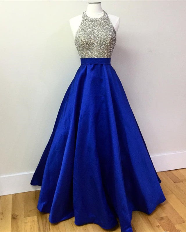 Beaded Halter Satin Ball Gown Prom Dresses With Pockets – alinanova