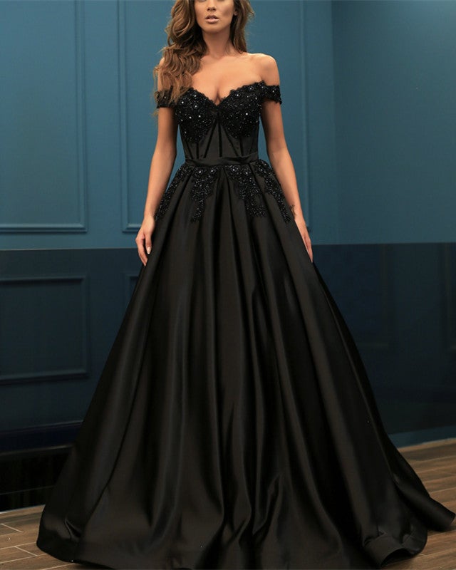 Lace Appliques Beaded Prom Dresses Satin Off-Shoulder Evening Gown main image 0