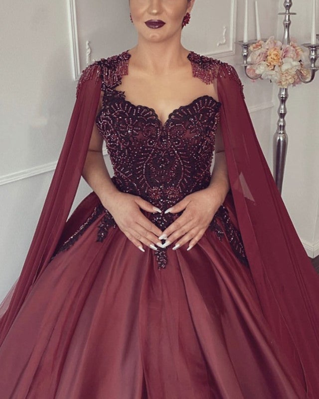 Beaded Organza Wedding Dress Ball Gown With Cape