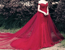 Load image into Gallery viewer, Beading V Neck Off Shoulder Lace Mermaid Evening Dresses Removable Skirt