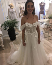 Load image into Gallery viewer, Beautiful Flowers Beaded Off Shoulder Tulle Wedding Dresses
